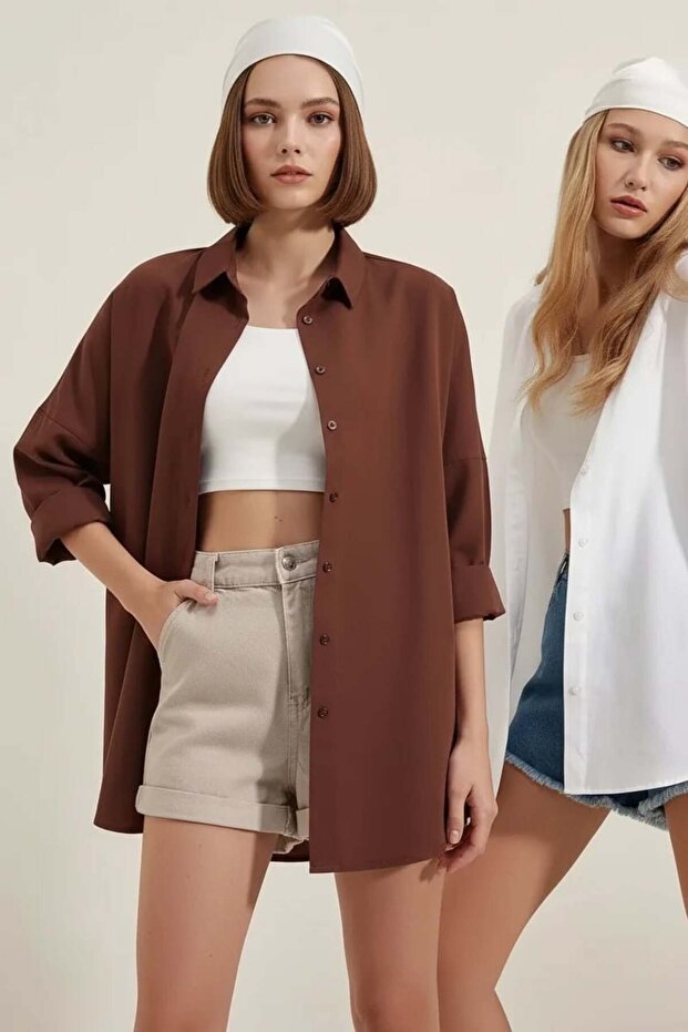 Women's Oversize Cut Basic Cotton White and Brown Shirt