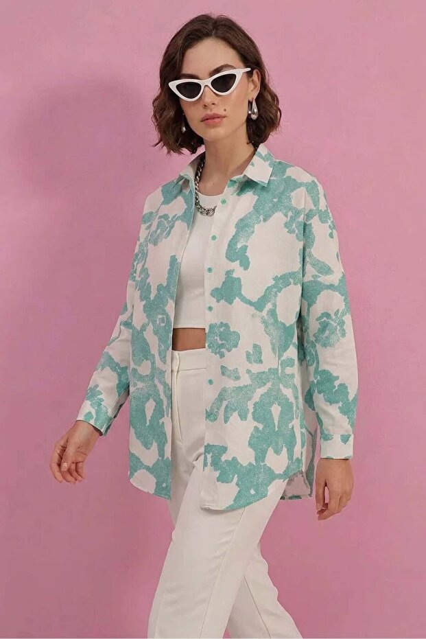 Women's Basic Oversize Patterned Cotton D. Mint Shirt