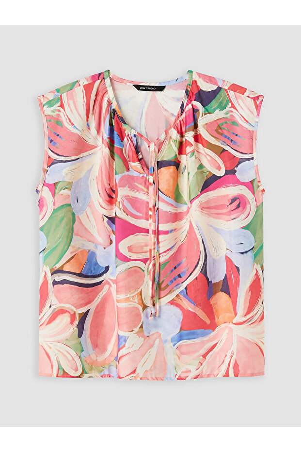 Pink Tie Neck Floral Blouse