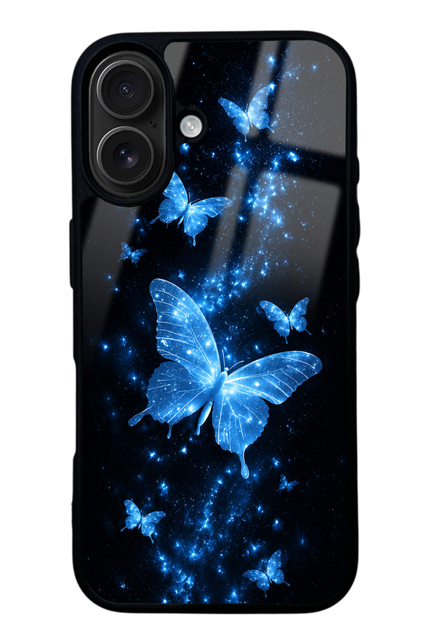 iPhone 16 Blue Galaxy Butterfly Design Glossy Phone Case