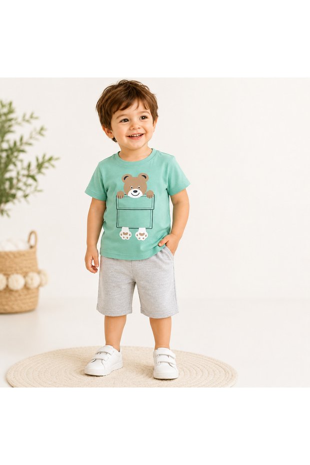 Boy's Teddy Bear Printed 2-Piece Shorts Set Mint Green