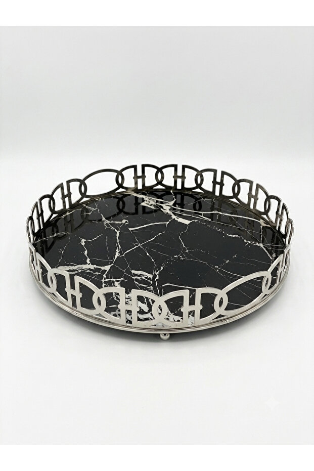 Decorative Round Chrome Metal Glass Presentation Tray with Marble Pattern-Silver