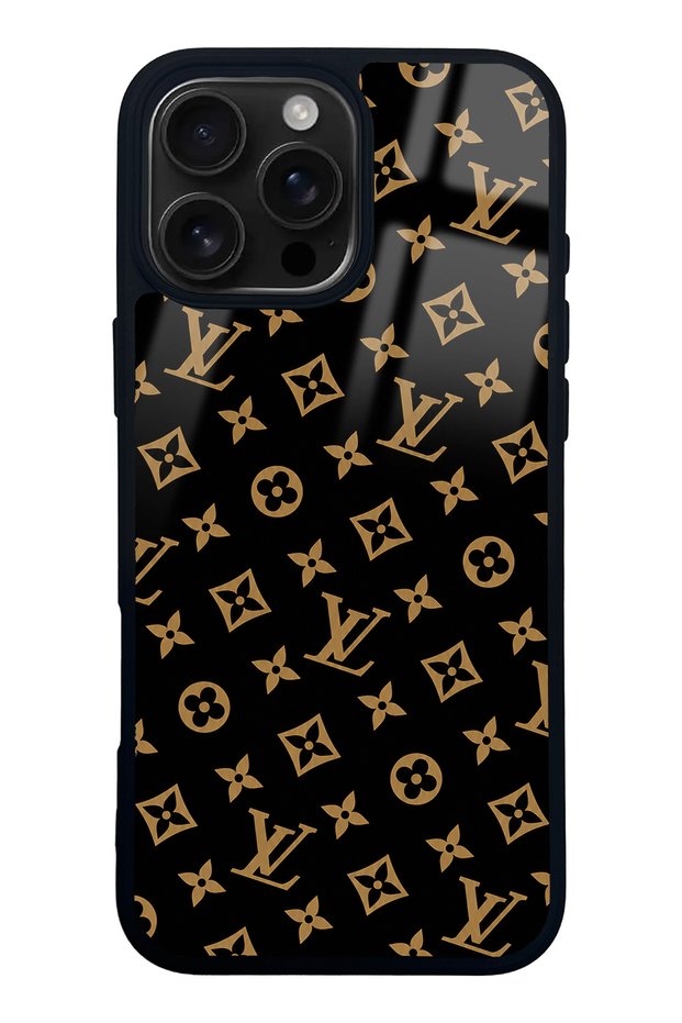 غطاء هاتف آيفون 16 برو ماكس أسود لامع بتصميم LV