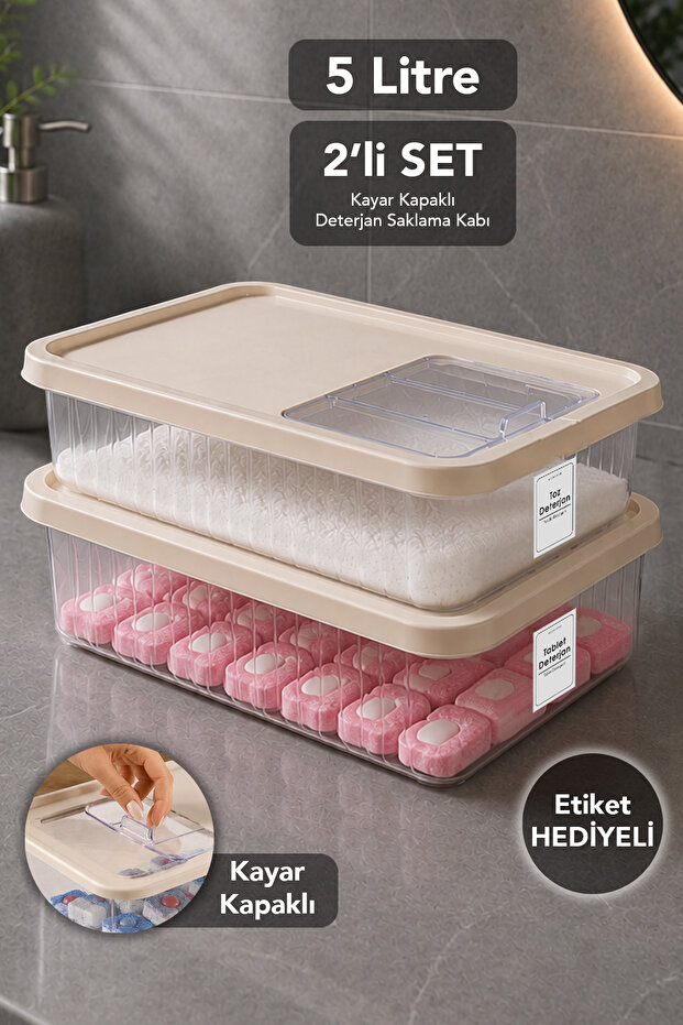2-Piece Detergent Storage Box - Sliding Lid Bathroom Organizer Powder Tablet Detergent Container 5Lt Beige
