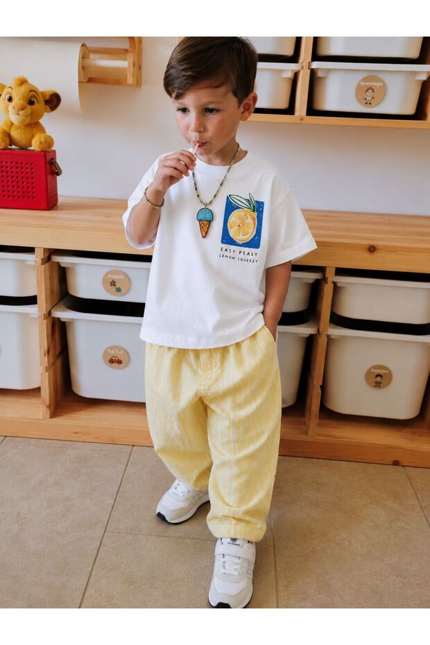 Boy's Lemon Printed T-Shirt + 100% Cotton Poplin Summer Trousers Set