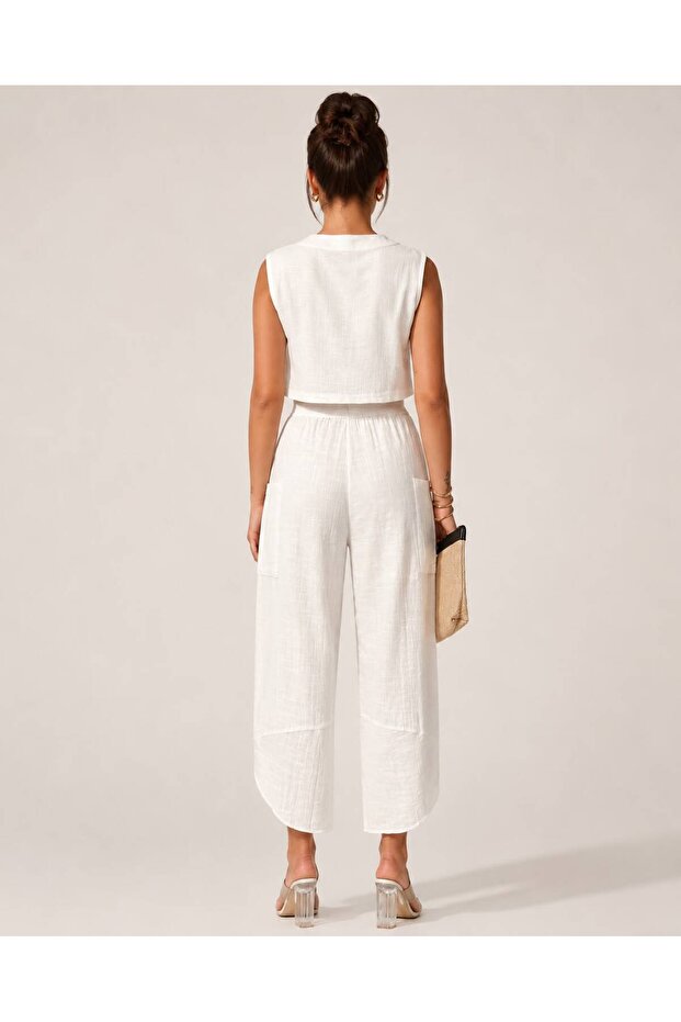 100% Cotton Pants with Pockets and Side Slits - 4