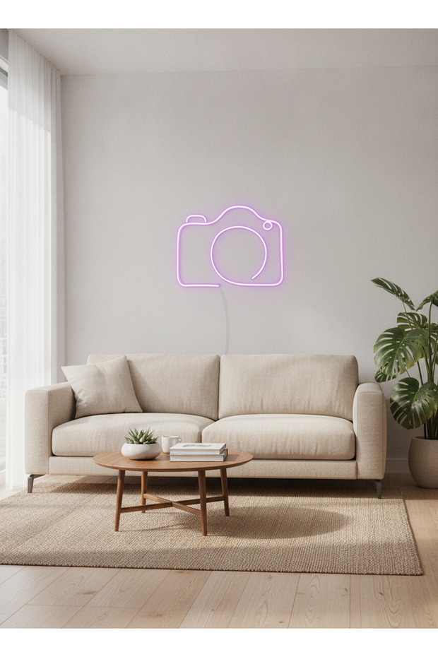 Kamera Figürlü LED Neon Tablo | Mor Aydınlatmalı Dekor | Fotoğrafçı Hediyesi - 3