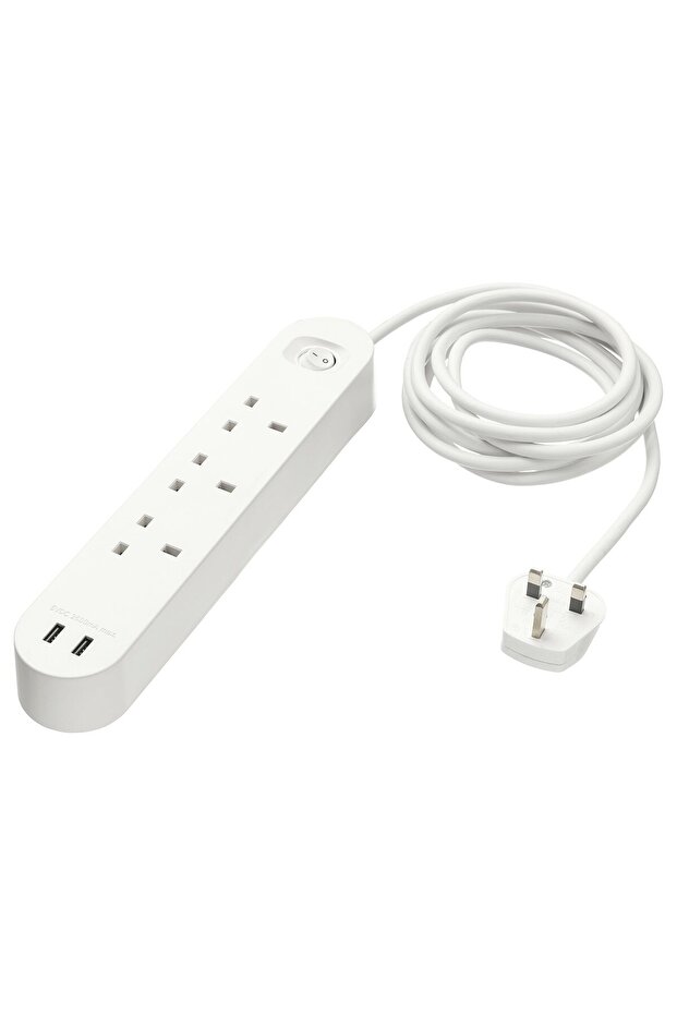 KOPPLA 3-way socket with 2 USB ports, white, 3.0 m