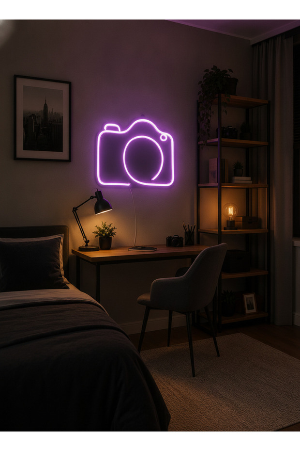 Kamera Figürlü LED Neon Tablo | Mor Aydınlatmalı Dekor | Fotoğrafçı Hediyesi - 2