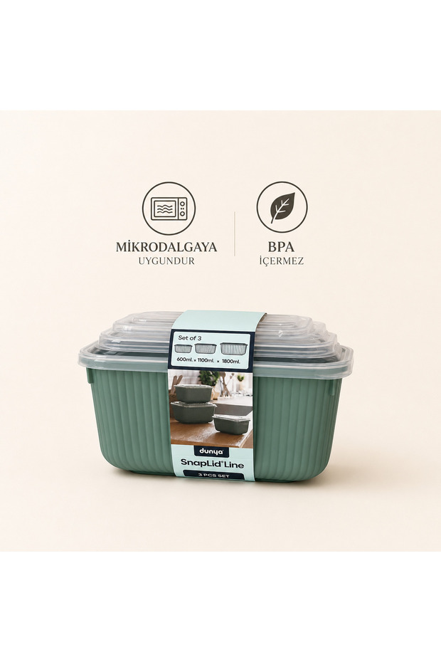 3-Piece Multi-Purpose Storage Container Set 600 ml 1100 ml 1800 ml Microwave Compatible Food Storage Container