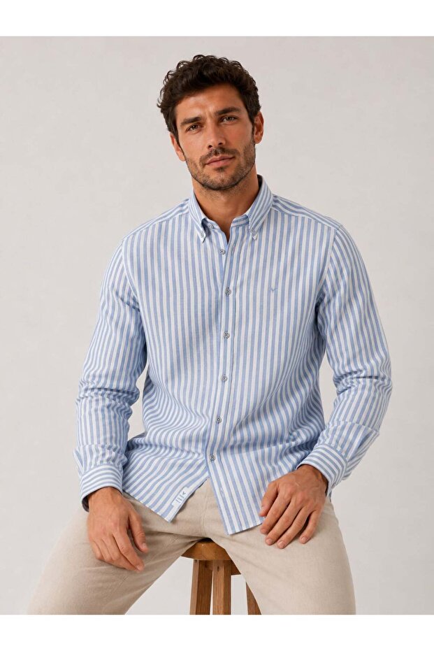 Slim Fit Long Sleeve Striped Collar Buttoned Linen Lycra Gift Boxed Men's Shirt Fs-004580 - Light Blue