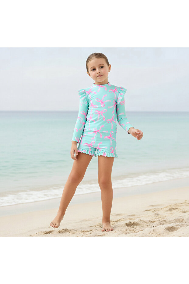 Girls Bow Print Rash Guard Set
