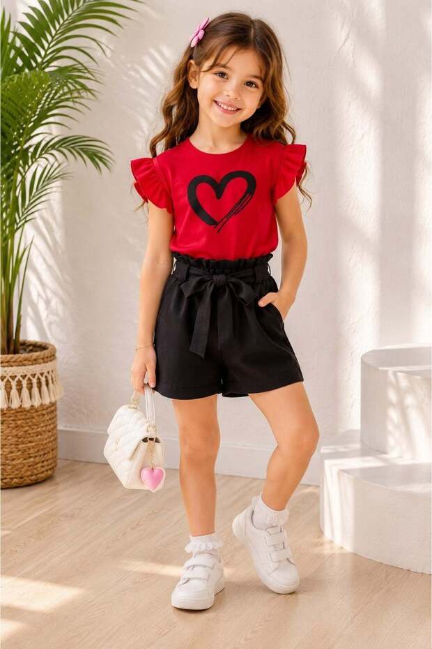 Girls Shorts Set Heart Printed Red T-Shirt Black Shorts Summer Two-Piece Set