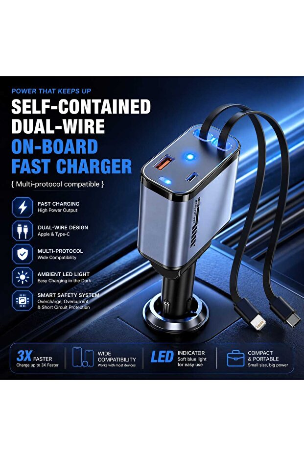 Dual Wire Car Fast Charger USB Type C Lightning LED Charger