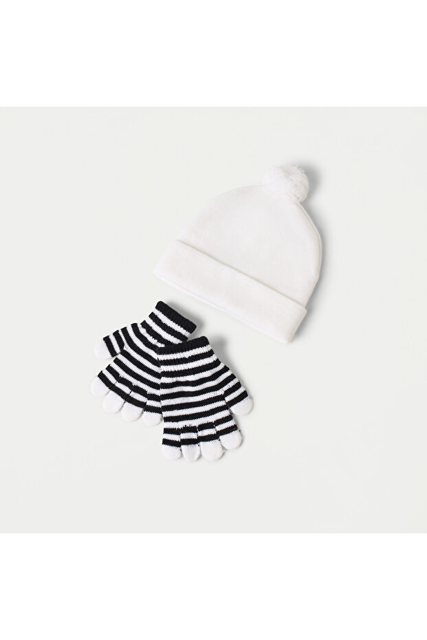 Solid Beanie Cap with Striped Gloves Set