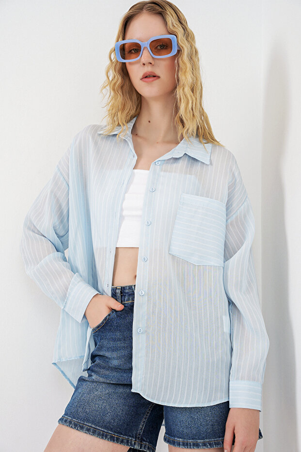 Women's Single Pocket Striped Oversize Shirt 1505 - Blue