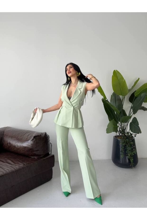 Double-Breasted Sleeveless Jacket and Palazzo Pants Two-Piece Set Women