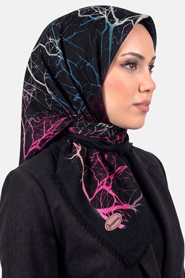 Women's Black Pink Tree Branch Patterned Flared Scarf