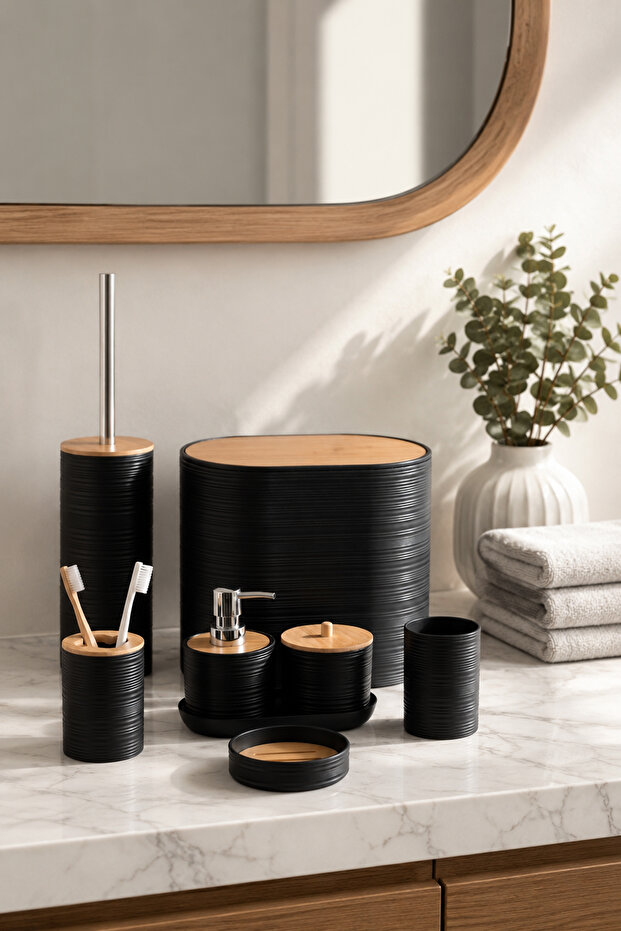 4530 8-Piece Acrylic Bathroom Set - Trash Can with Bamboo Lid, Soap Dispenser, Toothbrush Holder, and Toilet Brush in Black