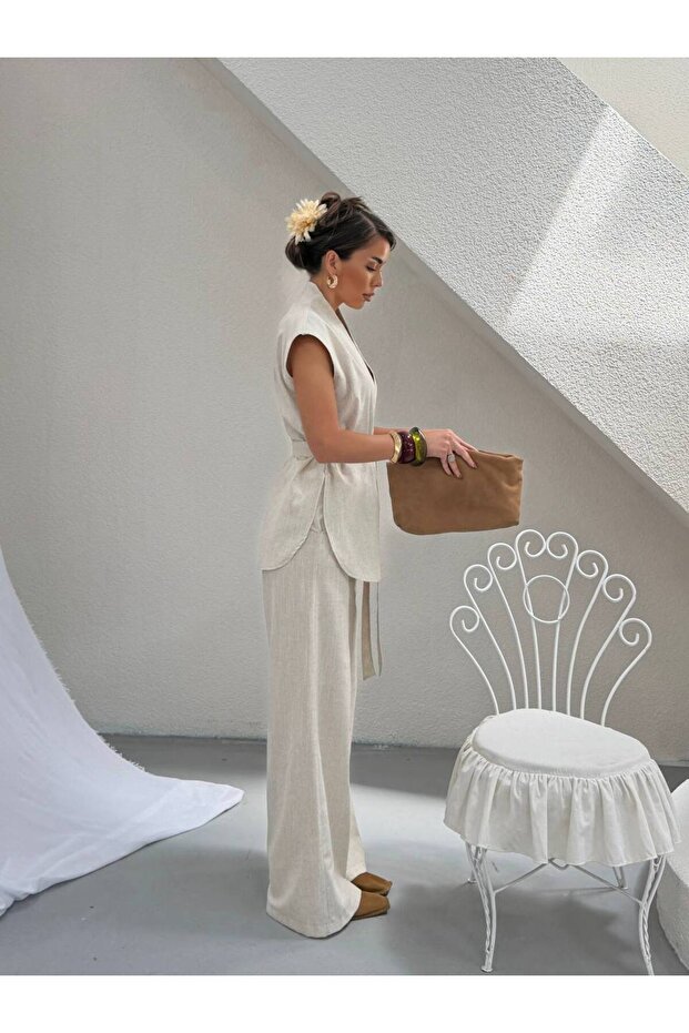 Women's Double-Breasted Collar Belted Detailed Wide-Leg Linen Set