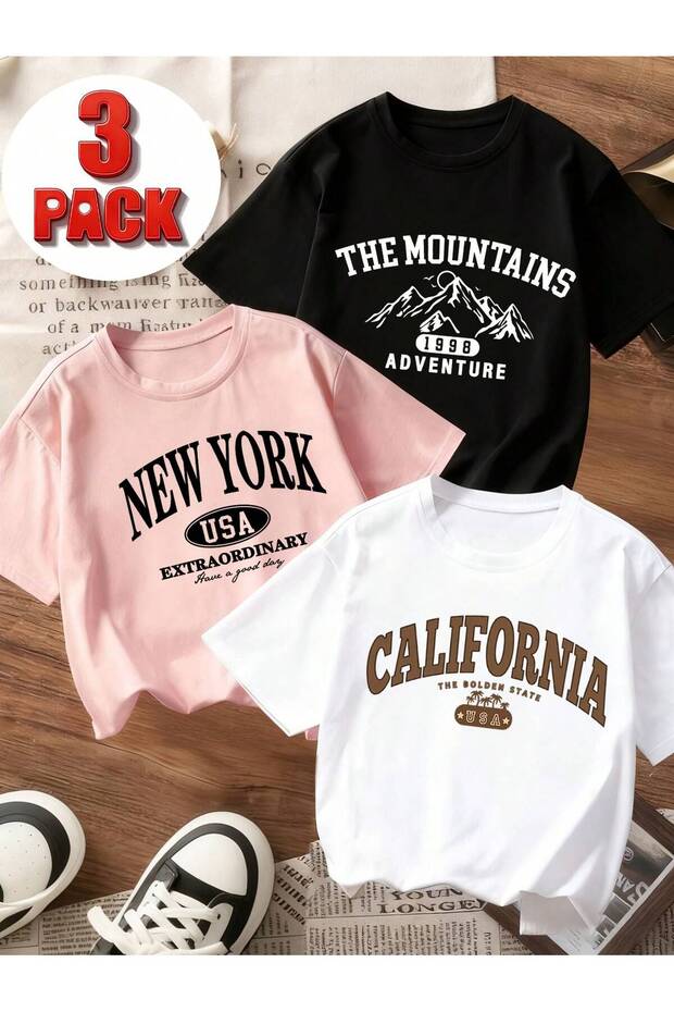 Printed Black - White - Pink 3-Piece Children's T-Shirt 100% Cotton Short Sleeve Knitted Crew Neck