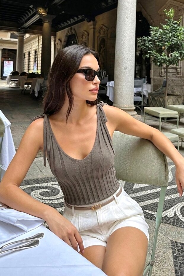 Shoulder-Tie Ribbed Knitwear Athlete Top