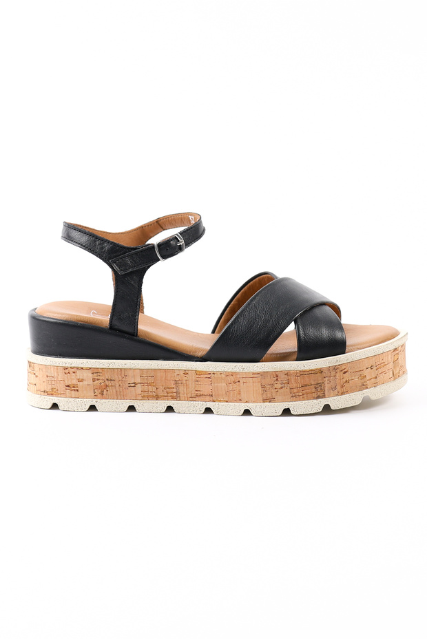 Genuine Leather Black Wedge Sole Women's Sandals - Z263402