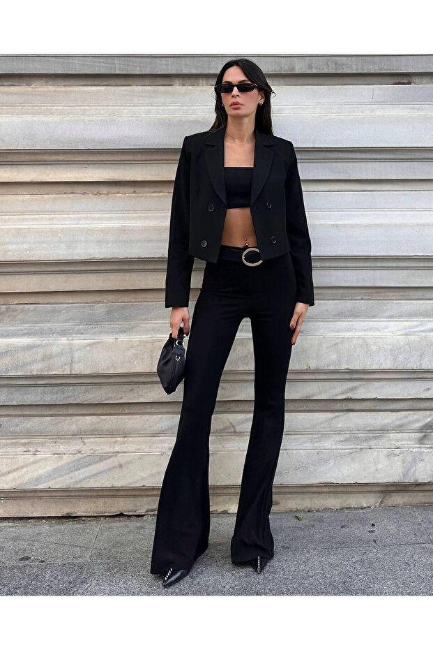 Women's Spanish Flare Fabric Belted Trousers