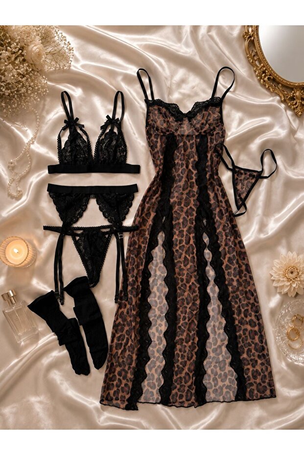 Premium Women's Leopard Patterned Lace Detailed 6 Piece Nightgown Set