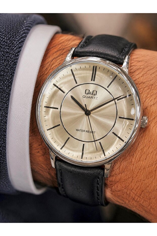Men's Wristwatch Black Color Leather Strap Casual & Classic Gift Boxed