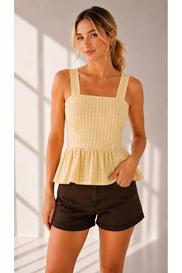 Women's Skirted Balloon Cut Backless Halter Neck Gingham Woven Blouse 26092