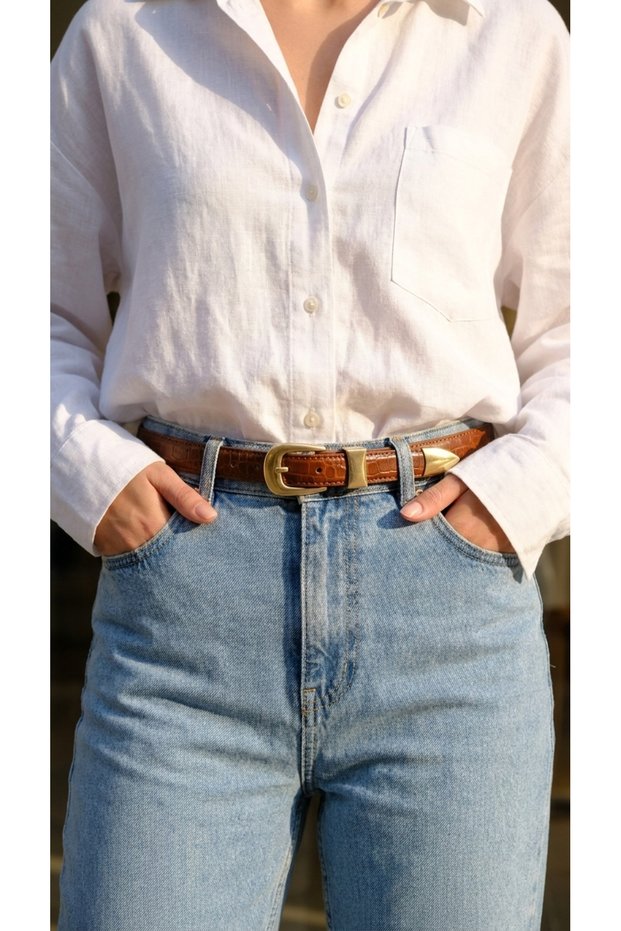 Satin Gold Buckle Thin Crocodile Pattern Leather Women's Belt, Curved Body and Stylish Elegant Design, Belt for Pants, Jeans, Dress, Jacket and Shirt.