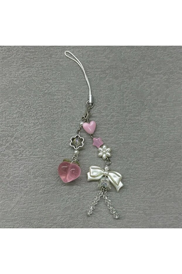 1pcs Pink Cute Peach Phone Charms Pendant Cute Bowknot Bead Handmade Sweet Girl Keychain For iPhone