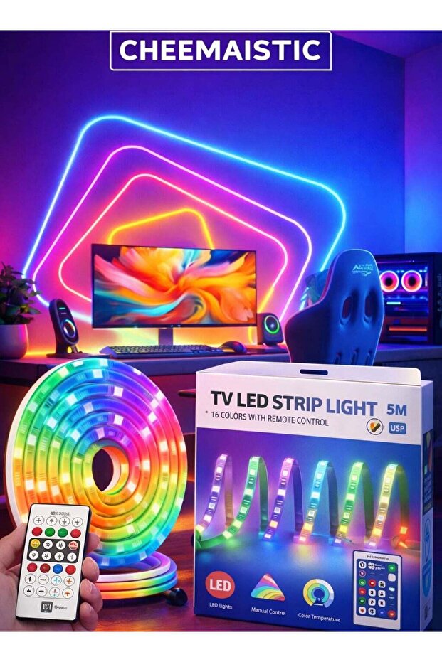CHEEMAISTIC 5 Meter RGB TV LED Strip Lights with Remote Control, USB Powered Backlight for TV