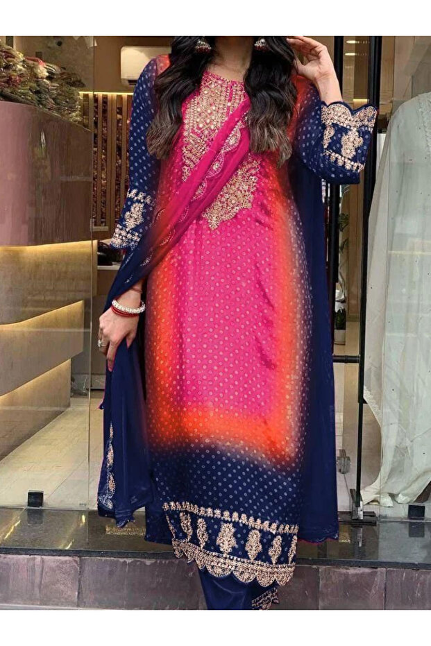 Blue Chinon Silk Bandhani Kurta Set - FFT8097 | Blue