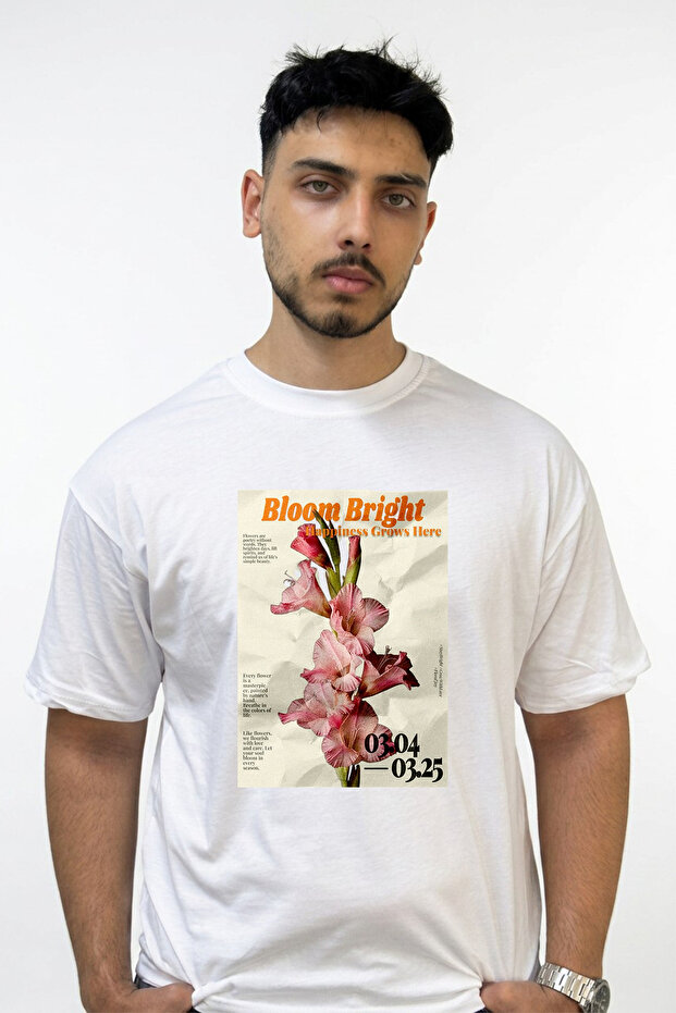 Pink Gladiolus Design Printed Oversize White T-Shirt