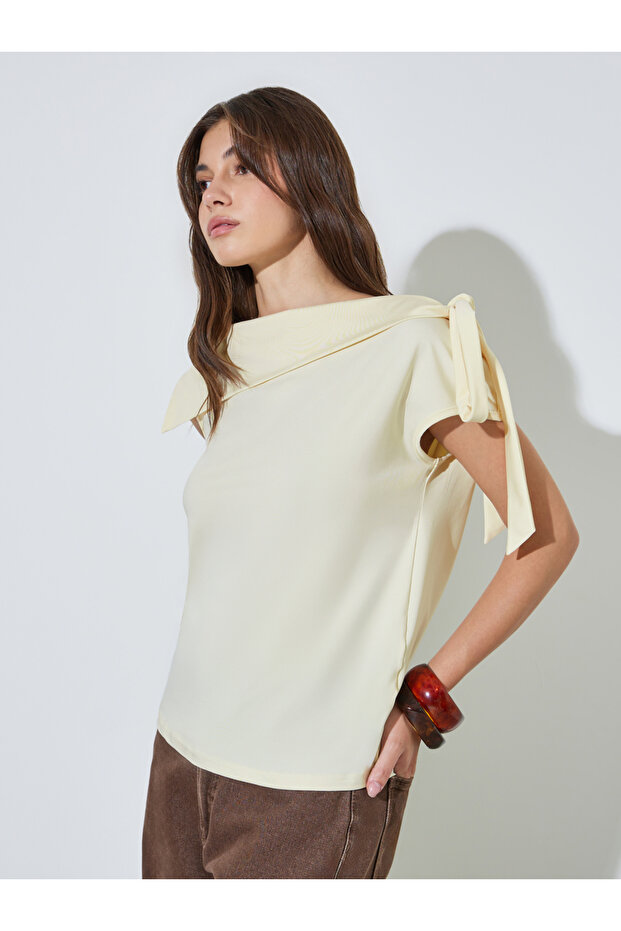 Yellow Fold-Over Asymmetric Neck Knit Top