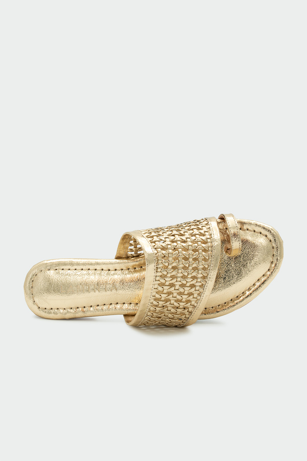 Keid Knitted Detailed Flip Flops for Women in Gold Flat Slippers