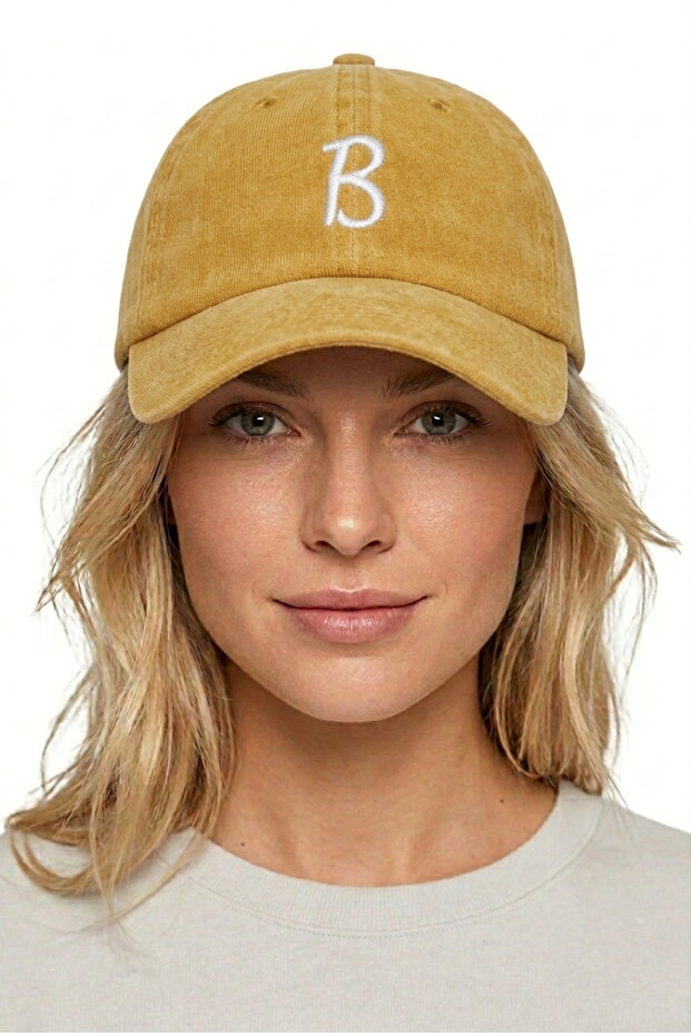 Letter B Yellow Embroidered Washable Vintage Unisex Hat