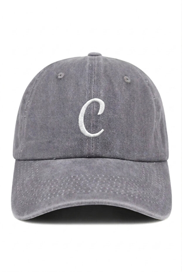 Gray Embroidered Washable Vintage Unisex Hat with Letter C