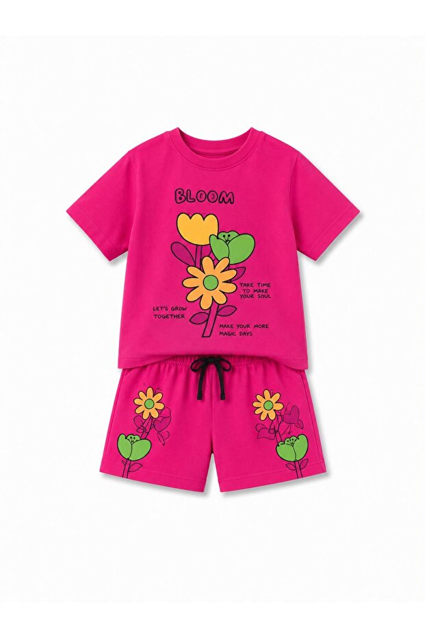 Girl's Bloom Printed Shorts Set Summer Floral Patterned Top and Bottom Two-Piece Set