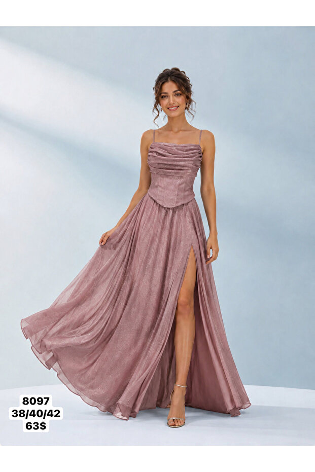 Women's Waist-Corseted Maxi Evening Dress with String Straps