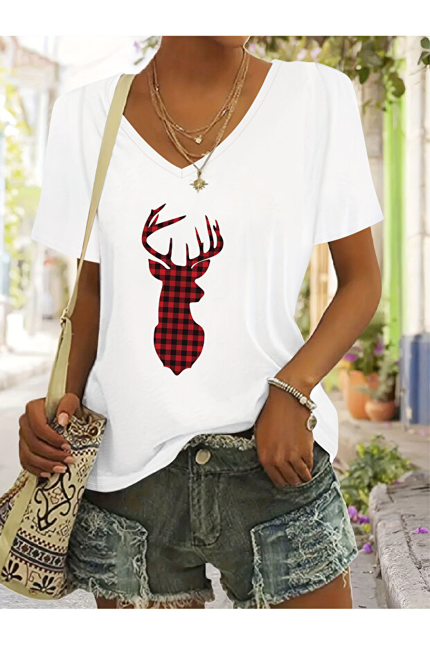 Women's Reindeer Printed V-Neck Sleeved Regular Fit Comfortable T-Shirt