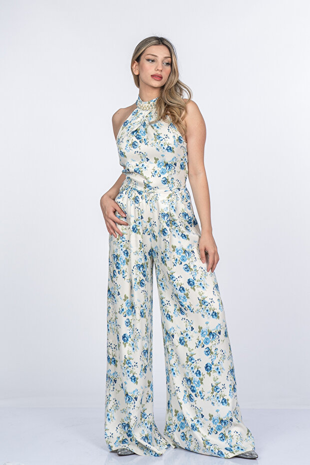 Women's Blue Pearl Collar Floral Patterned Double Suit Stylish Daily Comfortable 1325