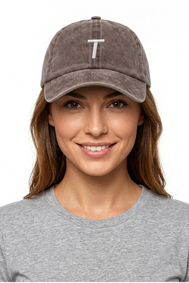 Brown Embroidered Washable Vintage Unisex Hat with Letter t
