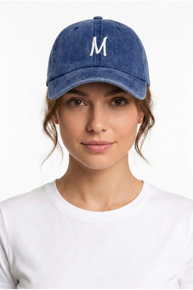 Letter m Navy Blue Embroidered Washable Vintage Unisex Hat