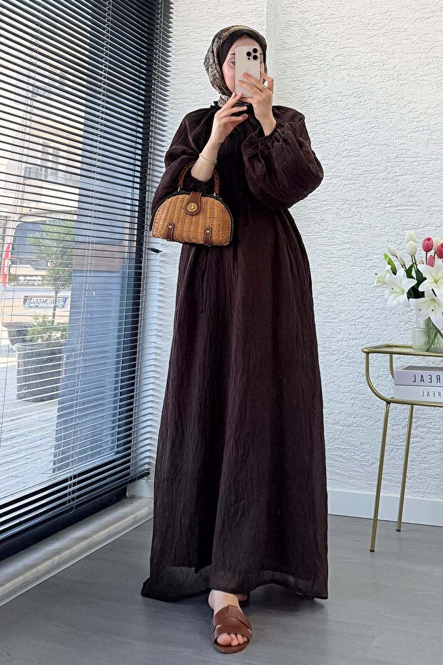 Premium Collar Gathered Balloon Sleeve Voile Dress - Brown