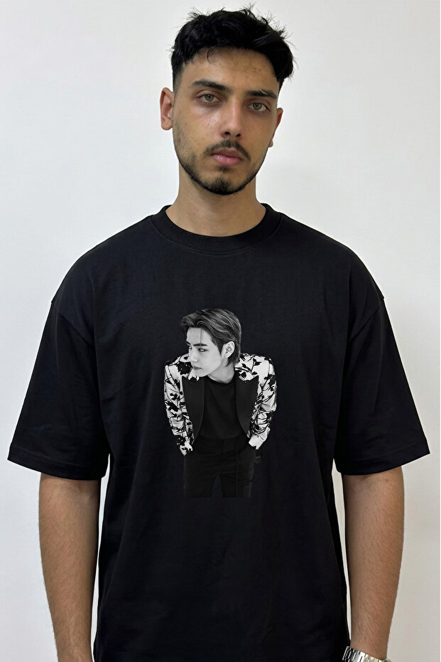V Bts Design Printed Oversize Black T-Shirt