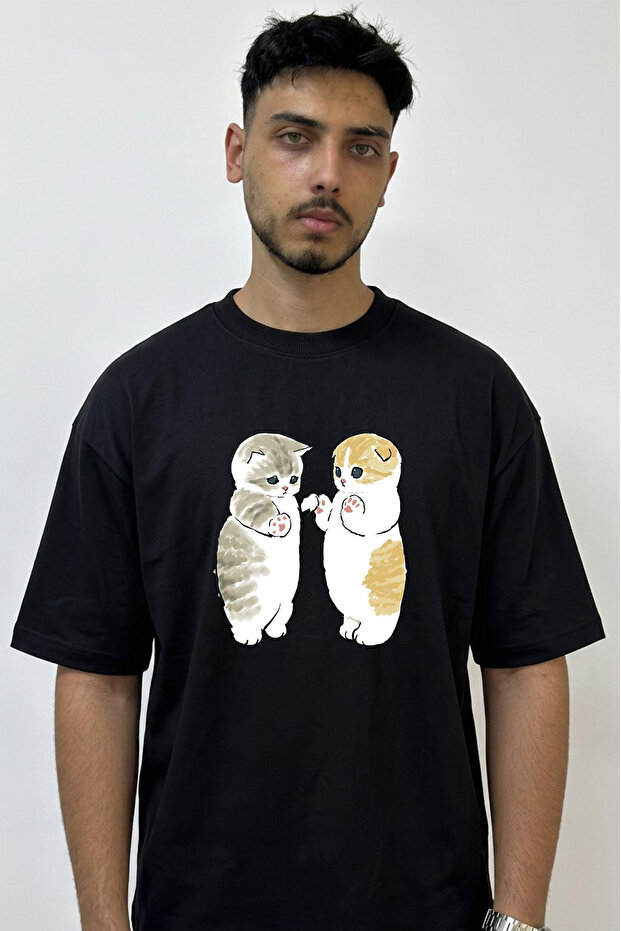 Cute Cats Design Printed Oversize Black T-Shirt