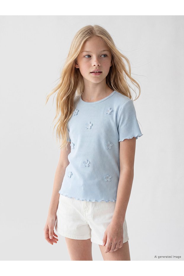 Blue Crew Neck Floral Appliqué Girls' T-Shirt